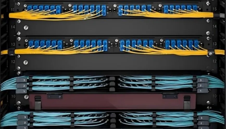 Structured fiber patch panel with neatly arranged cables in server rack