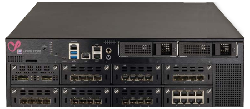 Check Point firewall system with modular ports for enterprise network security and threat prevention
