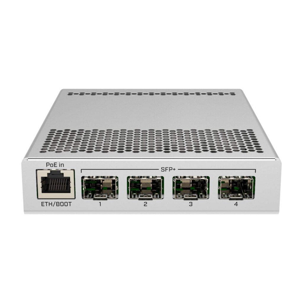 Compact network device with SFP+ ports for high-speed fiber connectivity in enterprise networks