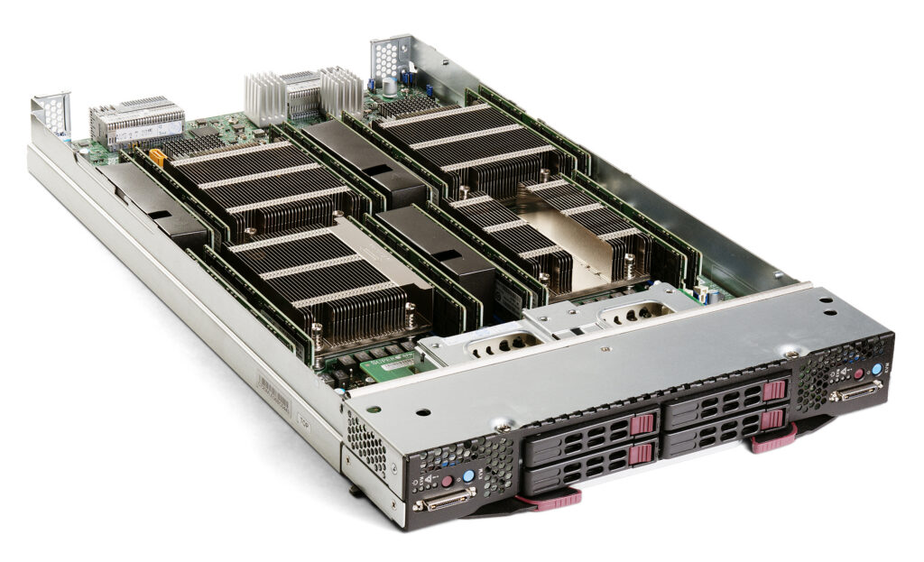 Enterprise server hardware with multiple processors and cooling systems inside open chassis