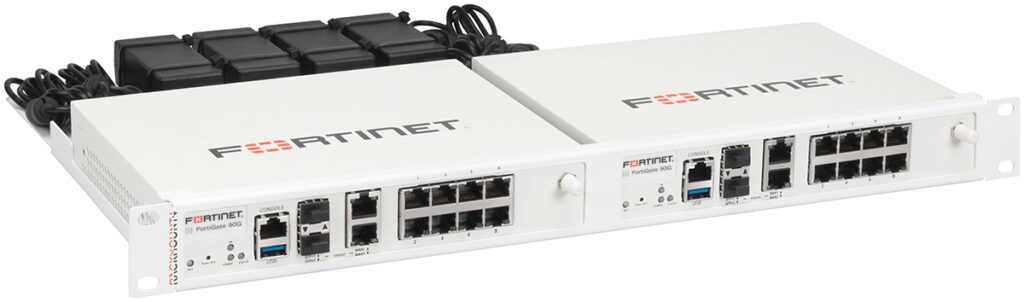 Dual Fortinet firewall devices mounted in rack for high-availability network security setup