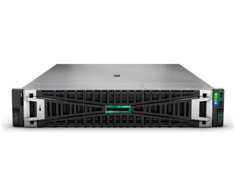HPE rack server front view with storage bays and status indicators for enterprise use